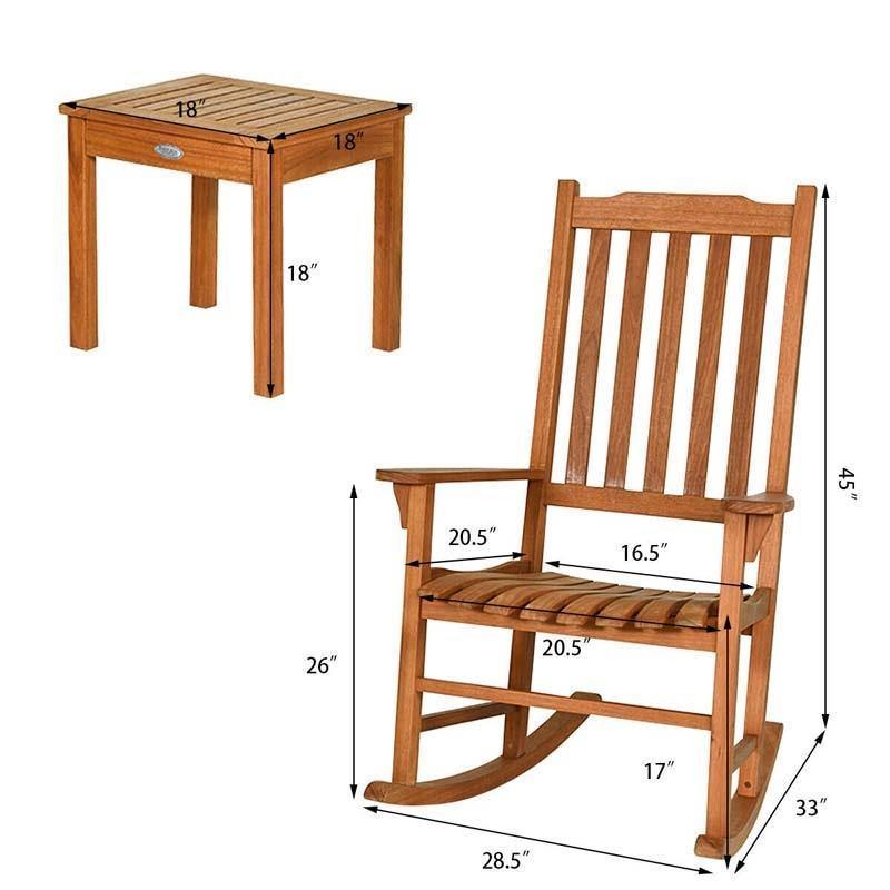 3-Piece Eucalyptus Wood Rocking Bistro Set with 2 Rockers & Coffee Table, Outdoor Rocking Chair Set for Patio, Backyard, Porch, Poolside