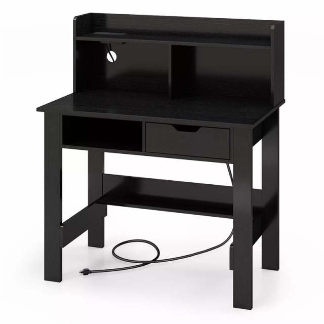 Computer Desk with Hutch, Power Outlets, USB/Type-C Ports, Open Shelf & Drawer, Space-Saving Modern Home Office Writing Desk for Bedroom
