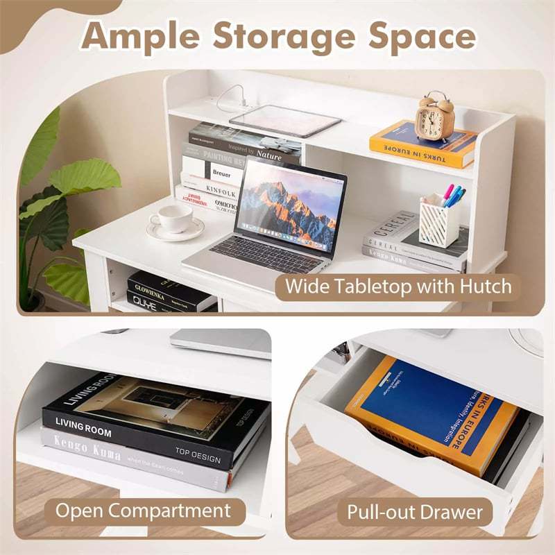 Computer Desk with Hutch, Power Outlets, USB/Type-C Ports, Open Shelf & Drawer, Space-Saving Modern Home Office Writing Desk for Bedroom