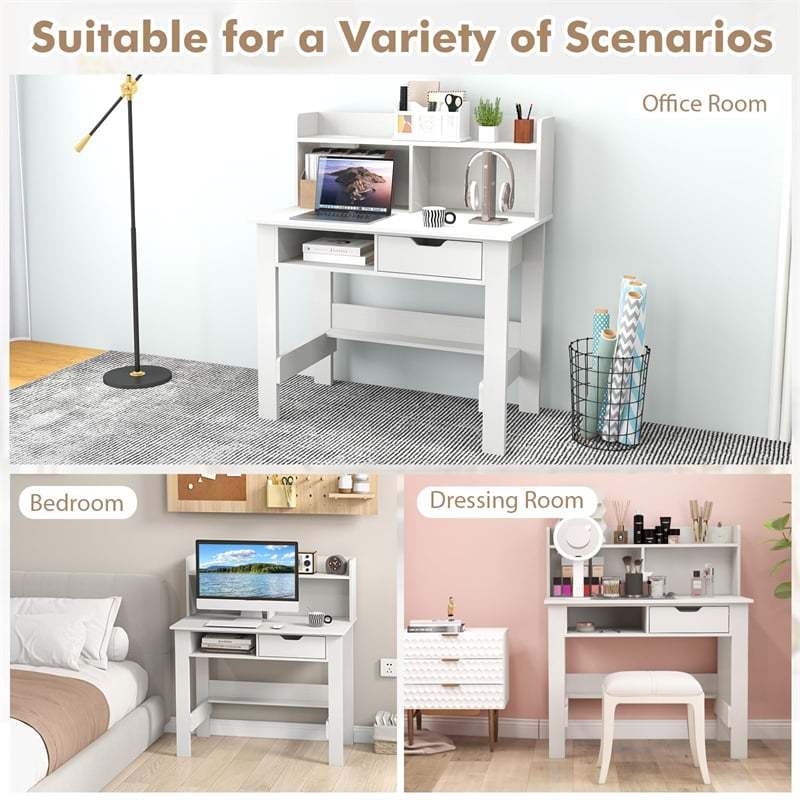 Computer Desk with Hutch, Power Outlets, USB/Type-C Ports, Open Shelf & Drawer, Space-Saving Modern Home Office Writing Desk for Bedroom