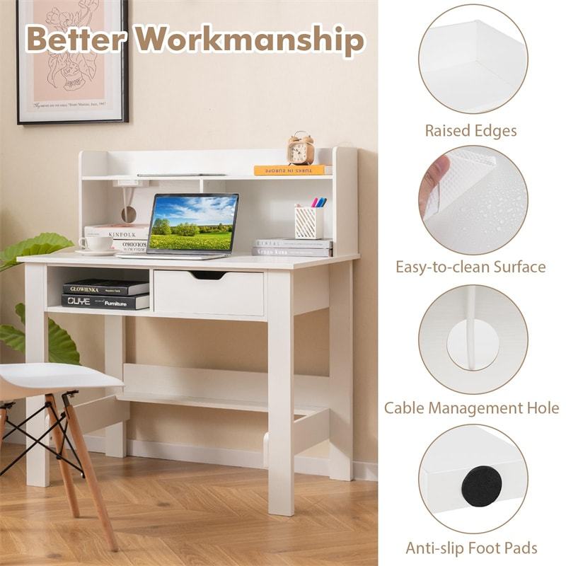 Computer Desk with Hutch, Power Outlets, USB/Type-C Ports, Open Shelf & Drawer, Space-Saving Modern Home Office Writing Desk for Bedroom