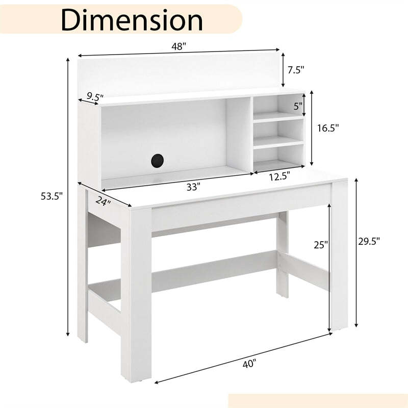 48" Computer Desk with Hutch & Anti-Tip Kits, Wood Home Office Desk with Cable Hole, Writing Study Desk PC Laptop Desk for Small Space, Bedroom