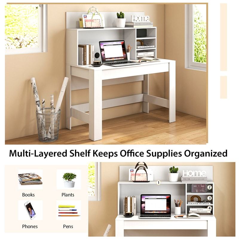 48" Computer Desk with Hutch & Anti-Tip Kits, Wood Home Office Desk with Cable Hole, Writing Study Desk PC Laptop Desk for Small Space, Bedroom