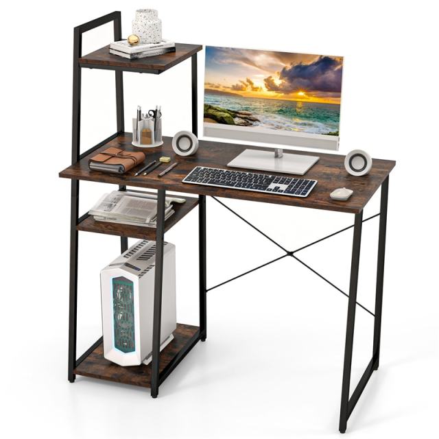 Computer Desk 47.5” Home Office Desk with Side Bookshelf & Host Stand, Metal Frame PC Laptop Workstation Study Writing Desk for Small Spaces