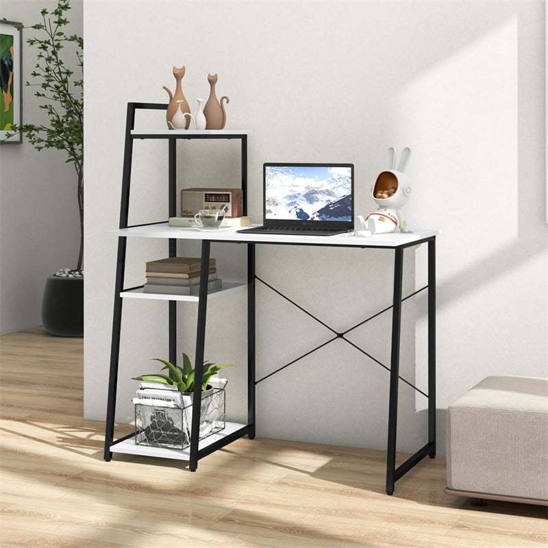 Computer Desk 47.5” Home Office Desk with Side Bookshelf & Host Stand, Metal Frame PC Laptop Workstation Study Writing Desk for Small Spaces