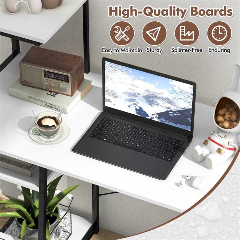 Computer Desk 47.5” Home Office Desk with Side Bookshelf & Host Stand, Metal Frame PC Laptop Workstation Study Writing Desk for Small Spaces