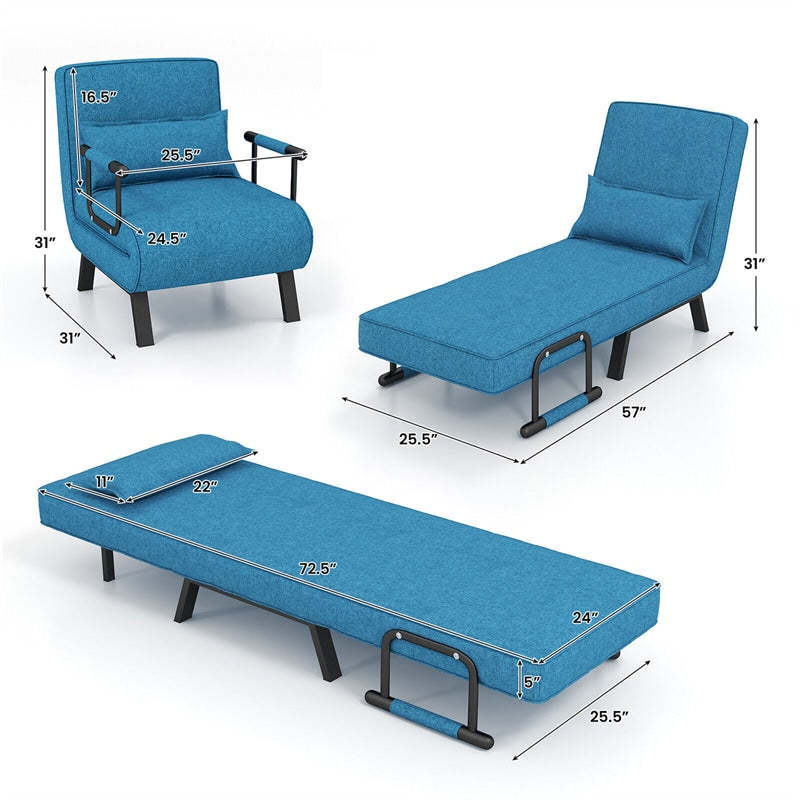 Convertible Sleeper Chair, 4-in-1 Folding Sofa Bed 6-Position Adjustable Backrest w/ Pillow, Reclining Chaise Sleeper Sofa for Living Room