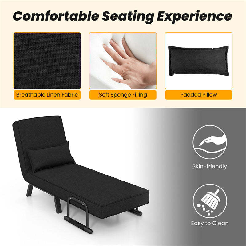Convertible Sleeper Chair, 4-in-1 Folding Sofa Bed 6-Position Adjustable Backrest w/ Pillow, Reclining Chaise Sleeper Sofa for Living Room