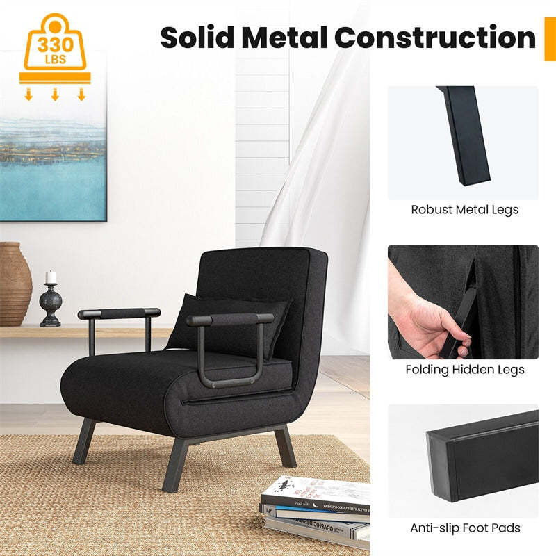 Convertible Sleeper Chair, 4-in-1 Folding Sofa Bed 6-Position Adjustable Backrest w/ Pillow, Reclining Chaise Sleeper Sofa for Living Room