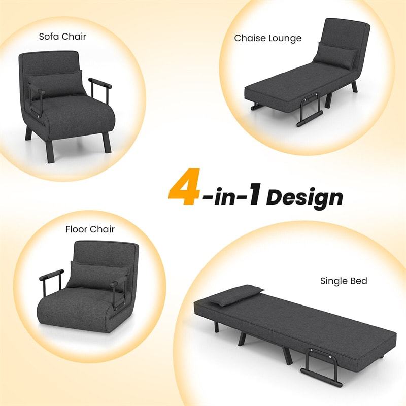 Convertible Sleeper Chair, 4-in-1 Folding Sofa Bed 6-Position Adjustable Backrest w/ Pillow, Reclining Chaise Sleeper Sofa for Living Room