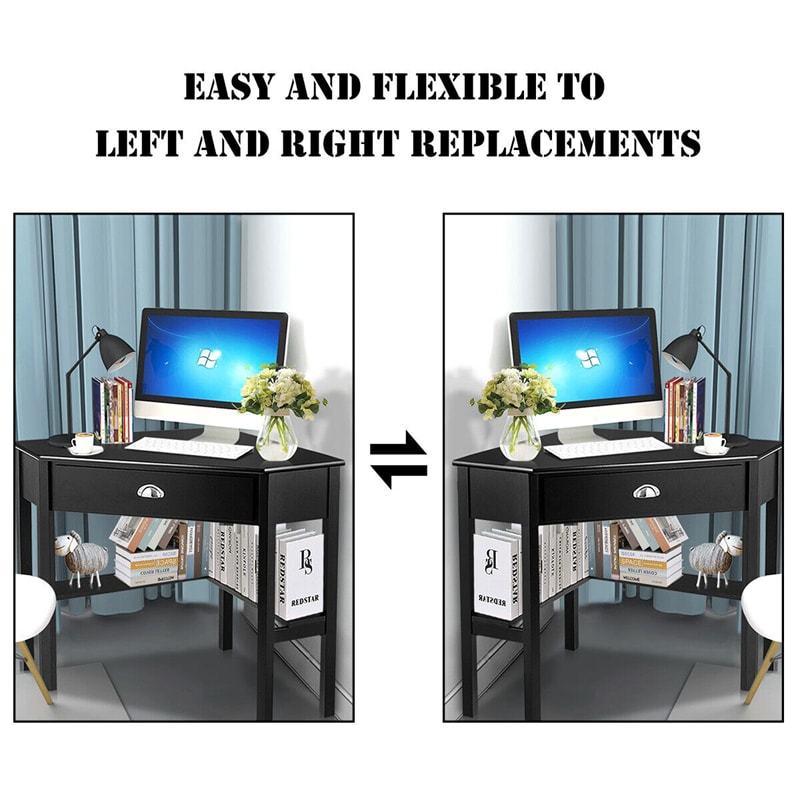 Corner Desk Triangle Computer Desk Laptop Writing Table Workstation Vanity Desk with Drawers & Storage Shelves