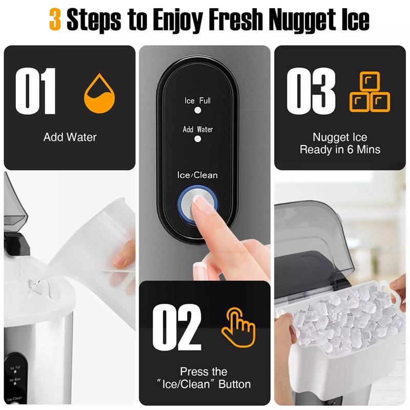 Countertop Nugget Ice Maker, 34lbs/24H Portable Ice Machine with Soft Chewable Pellet Ice, Self-Cleaning, Ready in 6 Mins, Ice Basket & Scoop