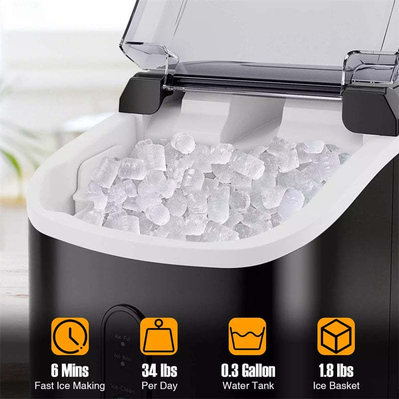 Countertop Nugget Ice Maker, 34lbs/24H Portable Ice Machine with Soft Chewable Pellet Ice, Self-Cleaning, Ready in 6 Mins, Ice Basket & Scoop