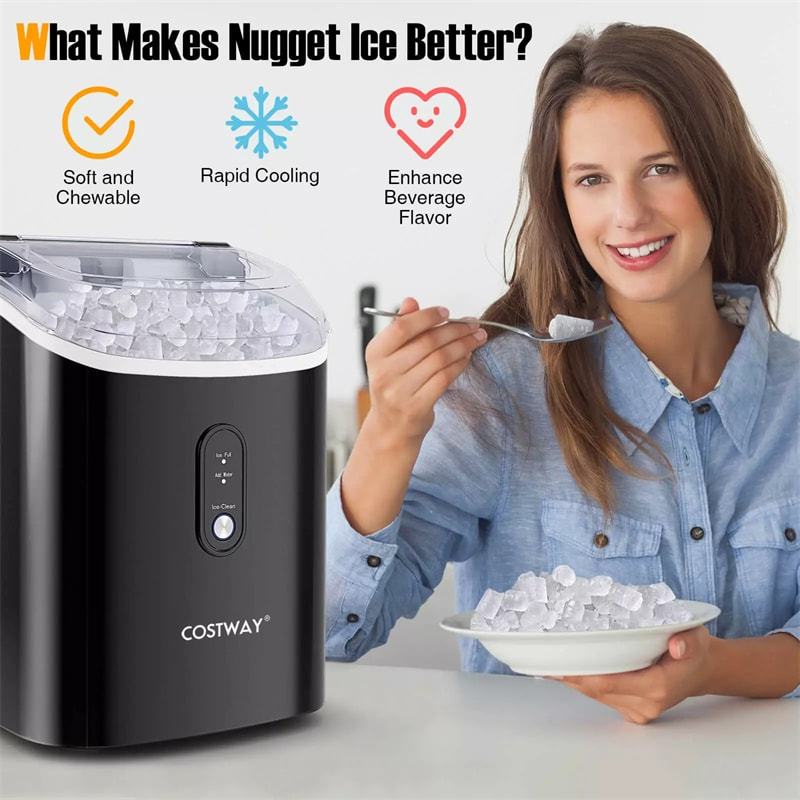 Countertop Nugget Ice Maker, 34lbs/24H Portable Ice Machine with Soft Chewable Pellet Ice, Self-Cleaning, Ready in 6 Mins, Ice Basket & Scoop