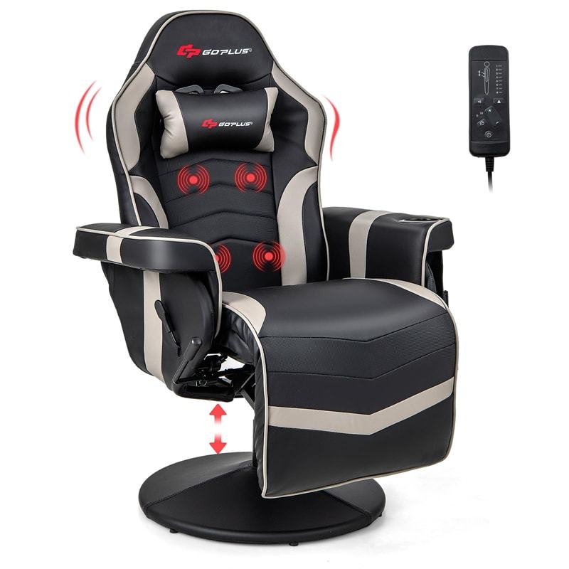 Gaming Recliner Adjustable Height Massage Gaming Chair with Retractable Footrest & Cup Holder, Ergonomic Swivel Video Game Chair Recliner Sofa