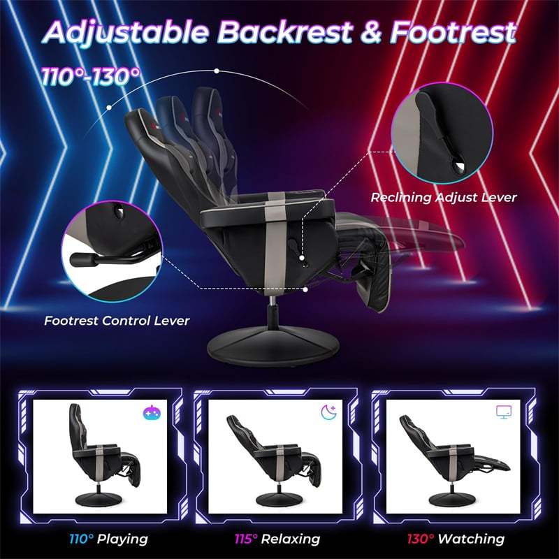 Gaming Recliner Adjustable Height Massage Gaming Chair with Retractable Footrest & Cup Holder, Ergonomic Swivel Video Game Chair Recliner Sofa