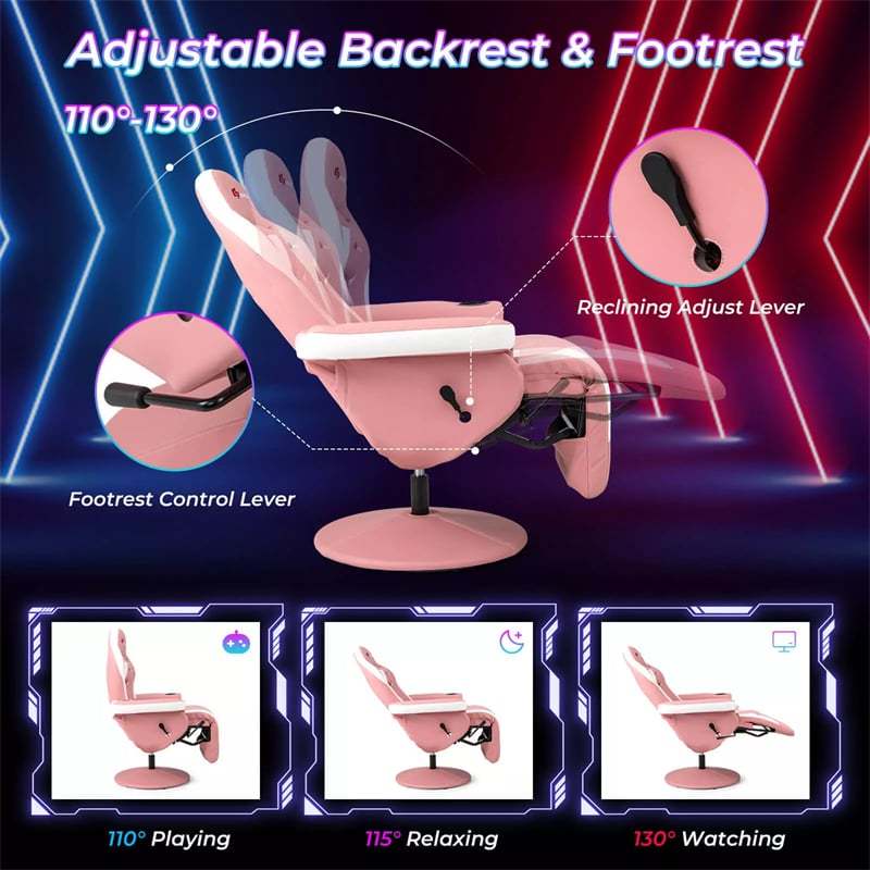 Gaming Recliner Adjustable Height Massage Gaming Chair with Retractable Footrest & Cup Holder, Ergonomic Swivel Video Game Chair Recliner Sofa