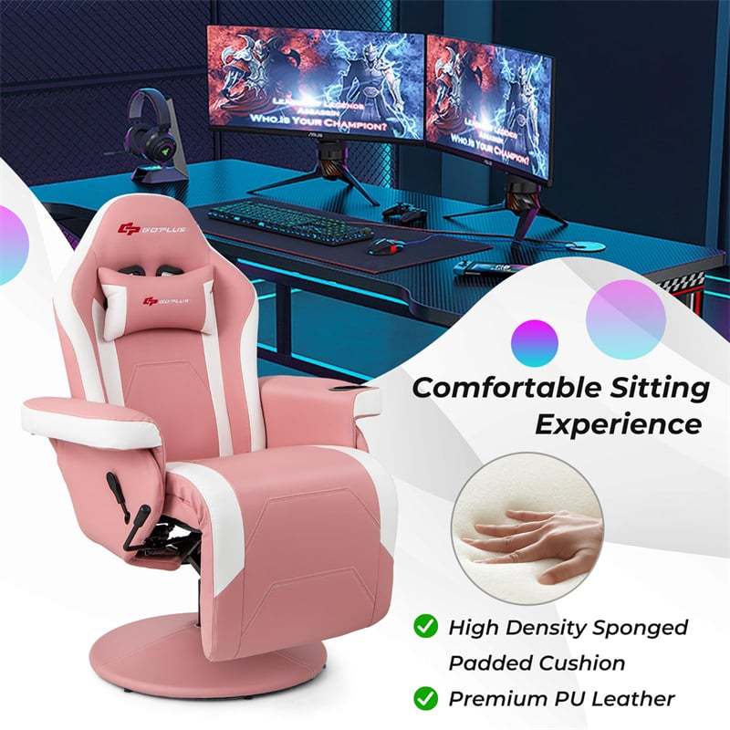 Gaming Recliner Adjustable Height Massage Gaming Chair with Retractable Footrest & Cup Holder, Ergonomic Swivel Video Game Chair Recliner Sofa