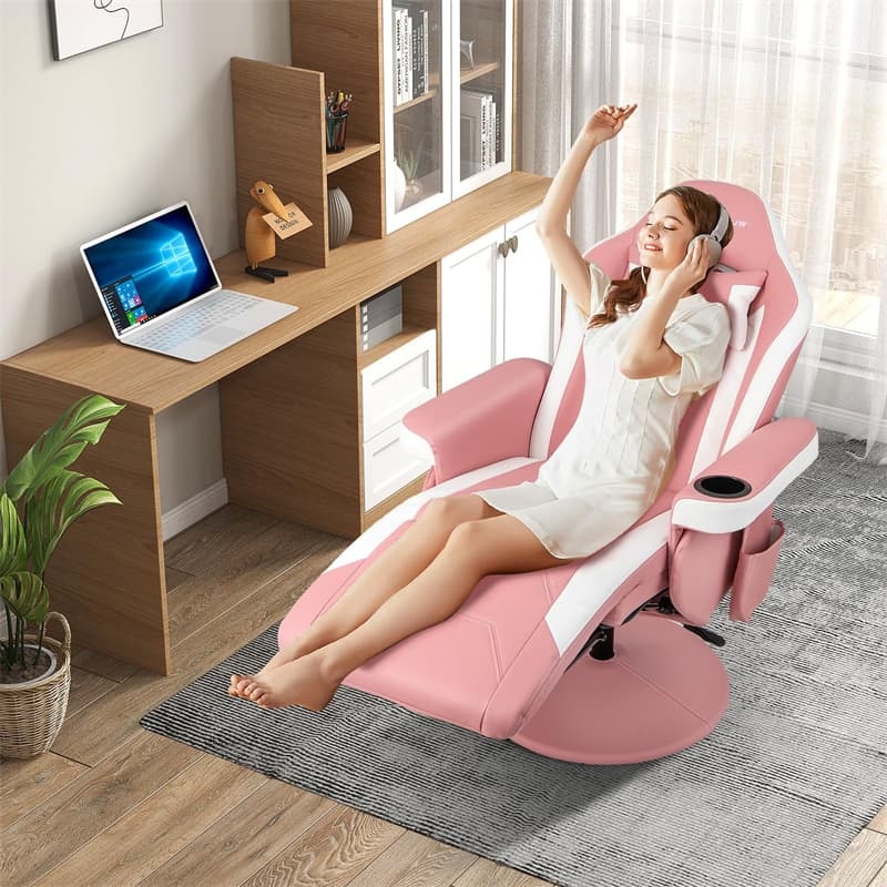 Gaming Recliner Adjustable Height Massage Gaming Chair with Retractable Footrest & Cup Holder, Ergonomic Swivel Video Game Chair Recliner Sofa