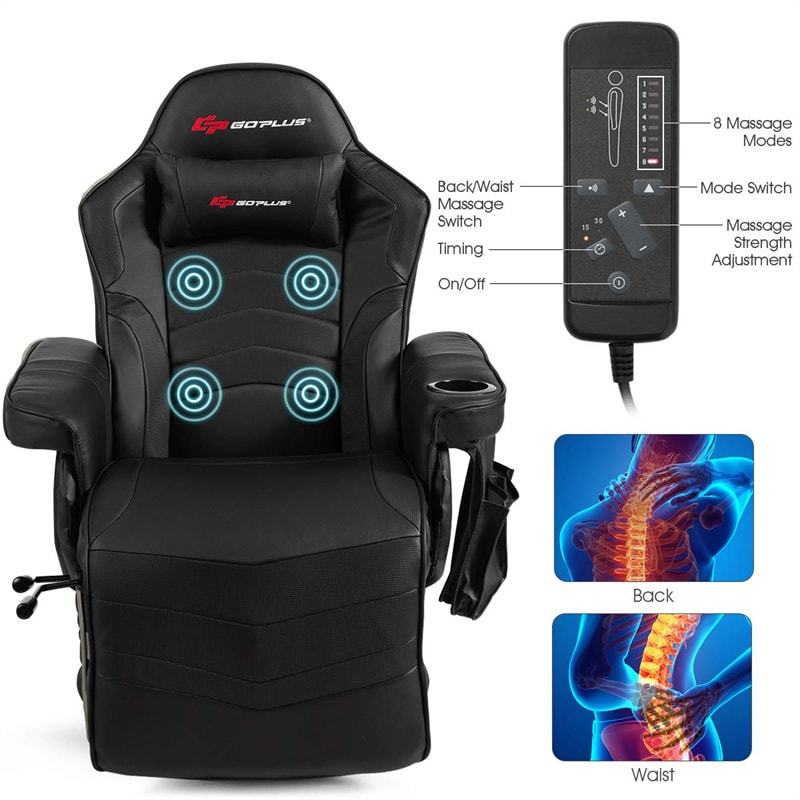 Gaming Recliner Massage Gaming Chair with Adjustable Backrest & Footrest, Ergonomic High Back PU Leather Computer Office Chair Swivel Game Sofa