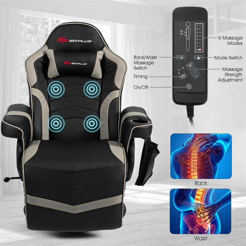 Gaming Recliner Massage Gaming Chair with Adjustable Backrest & Footrest, Ergonomic High Back PU Leather Computer Office Chair Swivel Game Sofa