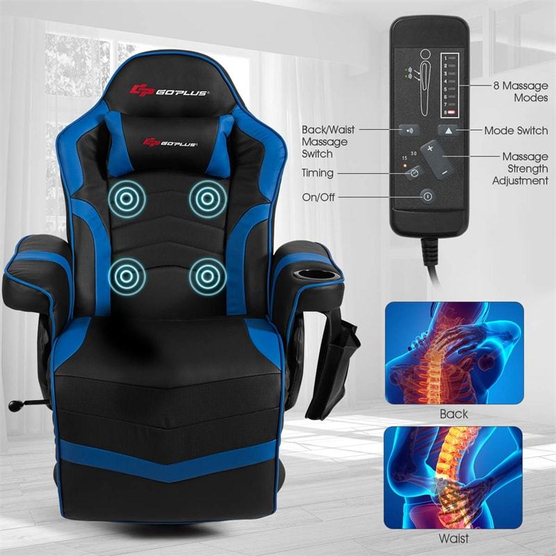 Gaming Recliner Massage Gaming Chair with Adjustable Backrest & Footrest, Ergonomic High Back PU Leather Computer Office Chair Swivel Game Sofa