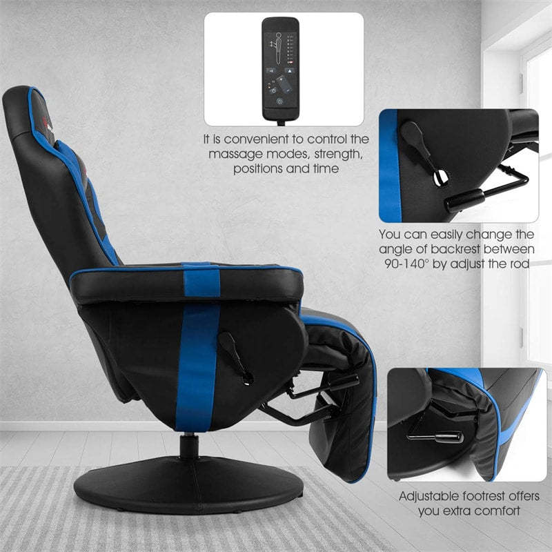Gaming Recliner Massage Gaming Chair with Adjustable Backrest & Footrest, Ergonomic High Back PU Leather Computer Office Chair Swivel Game Sofa