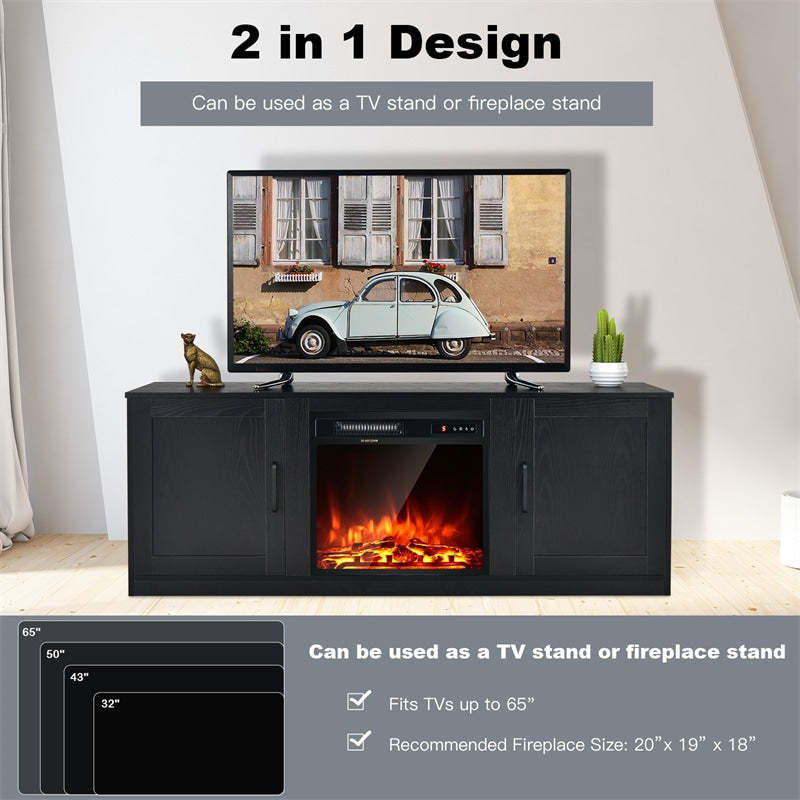 58'' Fireplace TV Stand for TVs up to 65", Wood Entertainment Center Media Console with Double Doors, Storage Cabinets & Adjustable Shelves