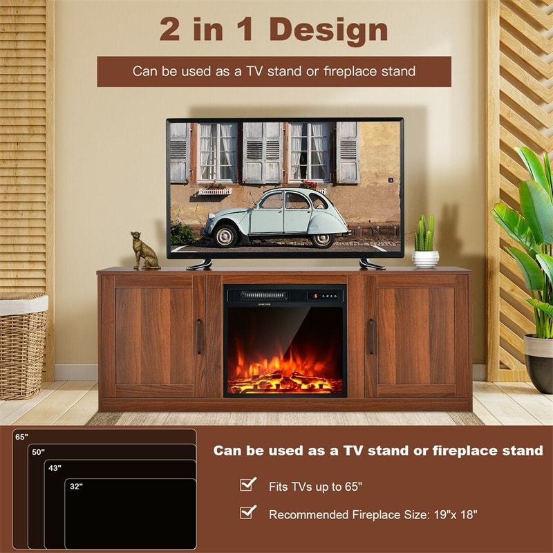 58'' Fireplace TV Stand for TVs up to 65", Wood Entertainment Center Media Console with Double Doors, Storage Cabinets & Adjustable Shelves