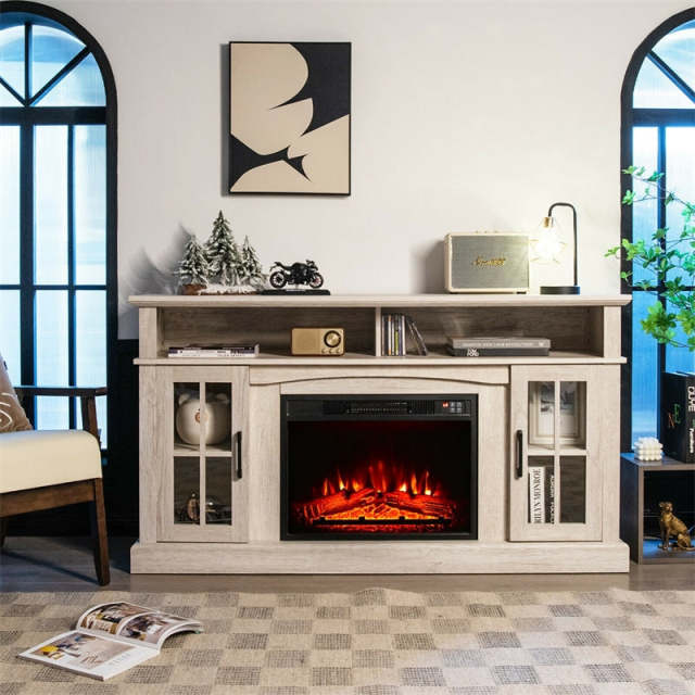 Electric Fireplace TV Stand for TVs Up to 65", 1400W Heater Insert with Remote Control, 3-Level Flame, Overheat Protection, Adjustable Shelves