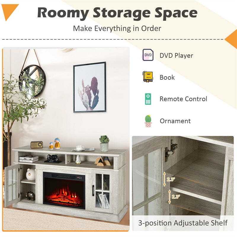 Electric Fireplace TV Stand for TVs Up to 65", 1400W Heater Insert with Remote Control, 3-Level Flame, Overheat Protection, Adjustable Shelves