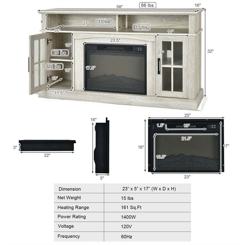 Electric Fireplace TV Stand for TVs Up to 65", 1400W Heater Insert with Remote Control, 3-Level Flame, Overheat Protection, Adjustable Shelves