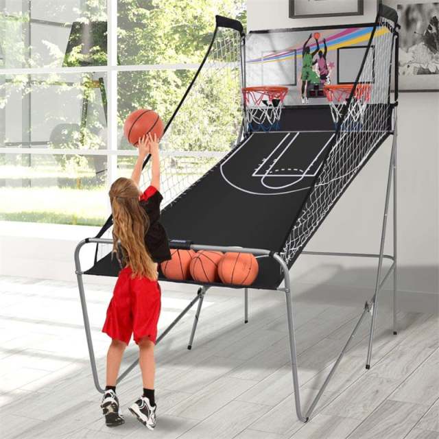 Folding Basketball Arcade Game, Indoor Outdoor Dual Shot Electronic Basketball Game with 8 Game Modes, 4 Balls, LED Scoring for Kids & Adults
