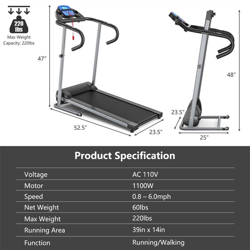 1100W Folding Treadmill, Compact Electric Motorized Running & Walking Machine with LCD Monitor, Heart Rate Sensor & 12 Preset Programs for Home Gym