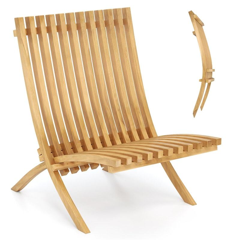 Folding Patio Chair, Teak Wood Low Profile Lounge Chair with Slatted Seat & Backrest, Fire Pit Chair for Porch, Balcony, Garden, Yard