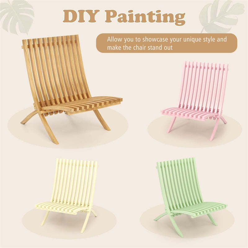 Folding Patio Chair, Teak Wood Low Profile Lounge Chair with Slatted Seat & Backrest, Fire Pit Chair for Porch, Balcony, Garden, Yard