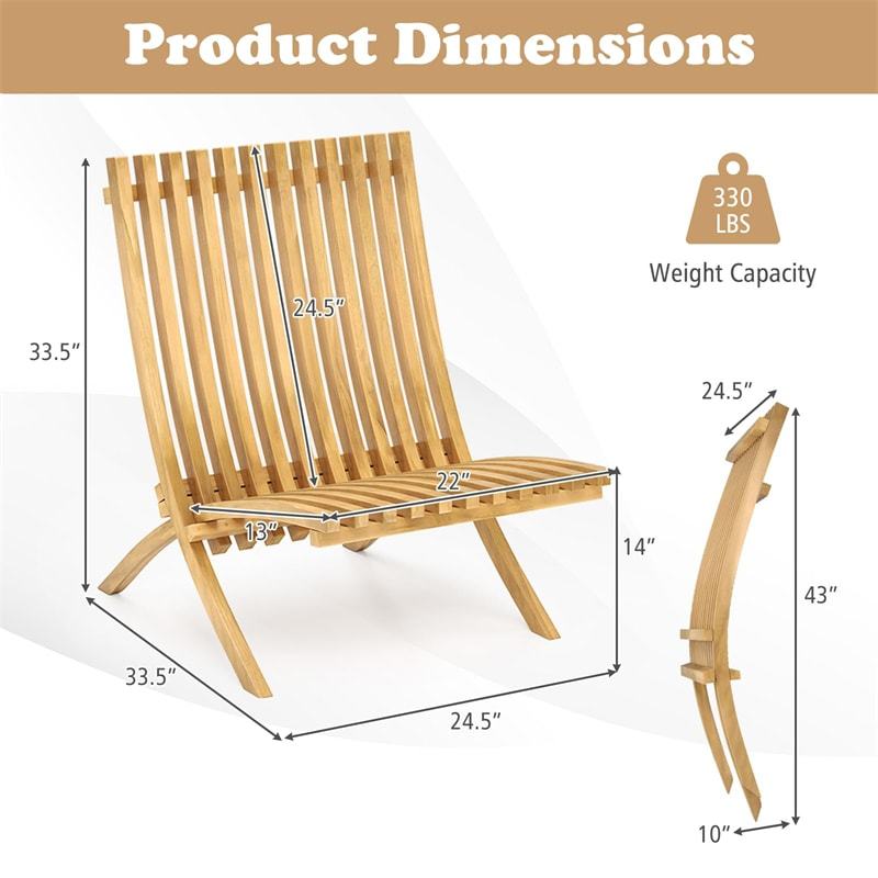 Folding Patio Chair, Teak Wood Low Profile Lounge Chair with Slatted Seat & Backrest, Fire Pit Chair for Porch, Balcony, Garden, Yard