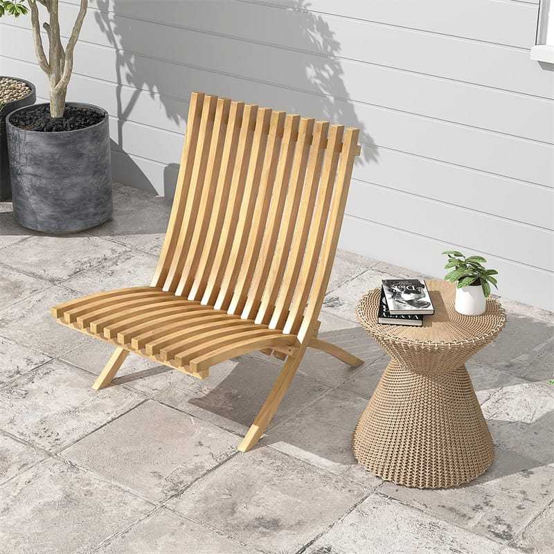 Folding Patio Chair, Teak Wood Low Profile Lounge Chair with Slatted Seat & Backrest, Fire Pit Chair for Porch, Balcony, Garden, Yard