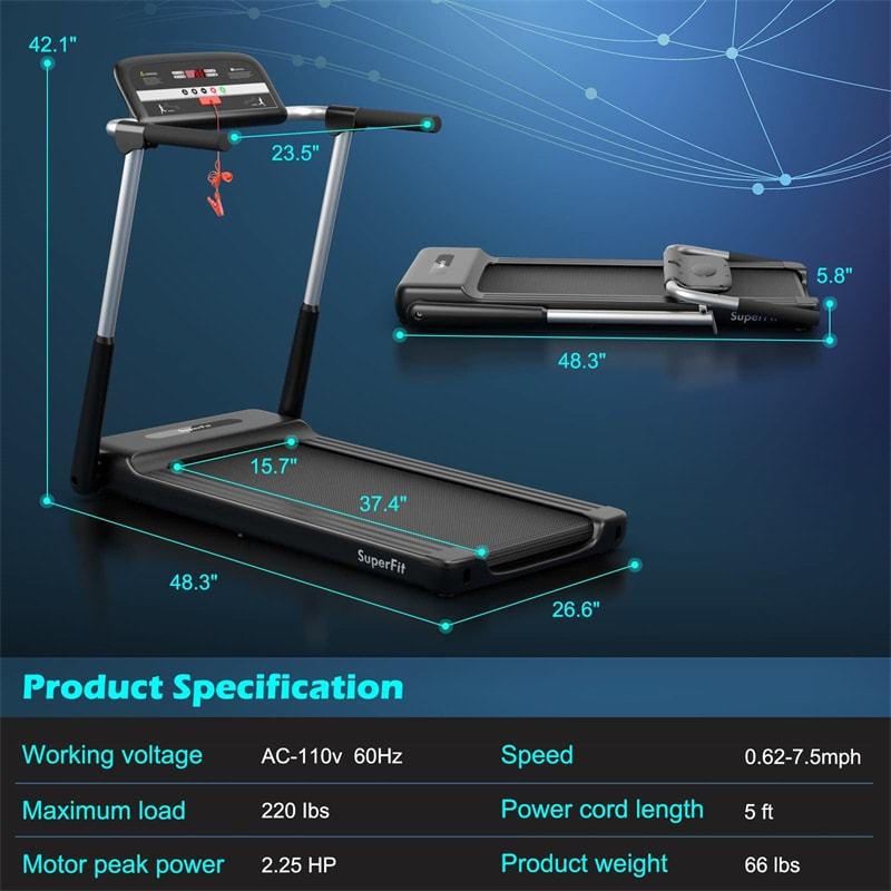 Superfit 2.25HP Folding Treadmill with LED Display & App Control, Portable Compact Running Walking Jogging Machine for Home Office, Small Spaces