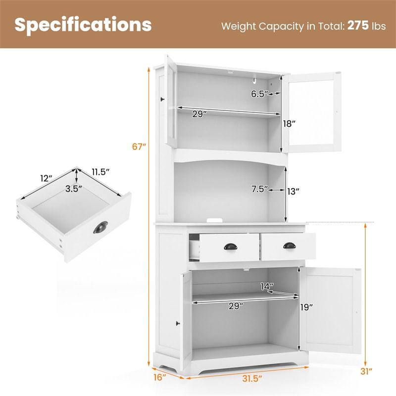 67" Tall Buffet Cabinet with Hutch, Freestanding Pantry Organizer with Drawers & Adjustable Shelves, Wooden Cupboard for Kitchen, Living Room