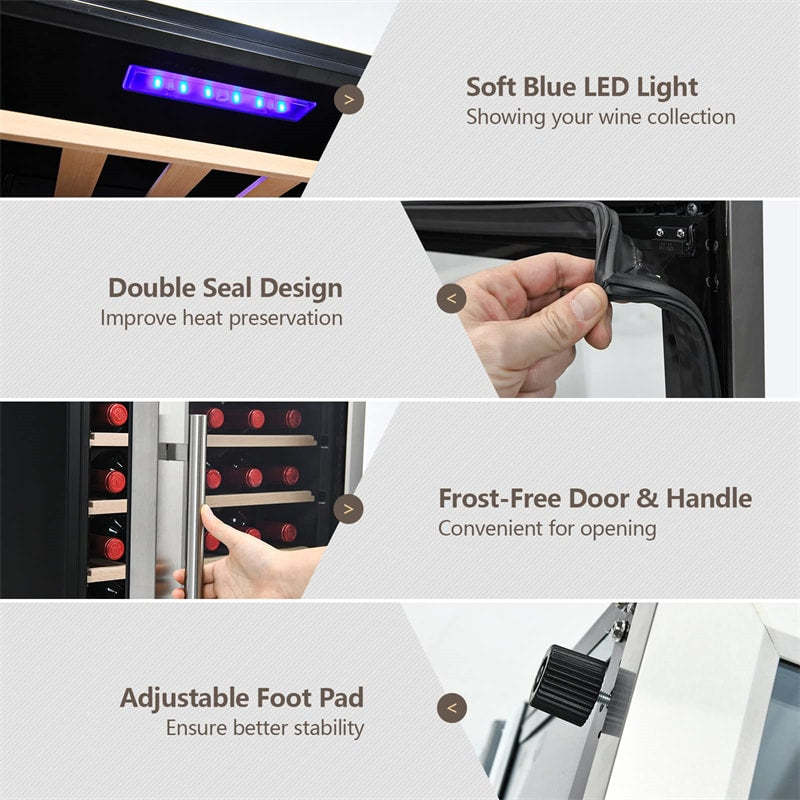 20" Dual Zone Wine Cooler Refrigerator, 43-Bottle Freestanding Built-in Wine Fridge with Temperature Control, Wood Shelves, Glass Door for Home Bars
