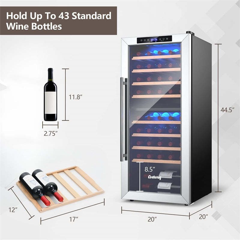 20" Dual Zone Wine Cooler Refrigerator, 43-Bottle Freestanding Built-in Wine Fridge with Temperature Control, Wood Shelves, Glass Door for Home Bars