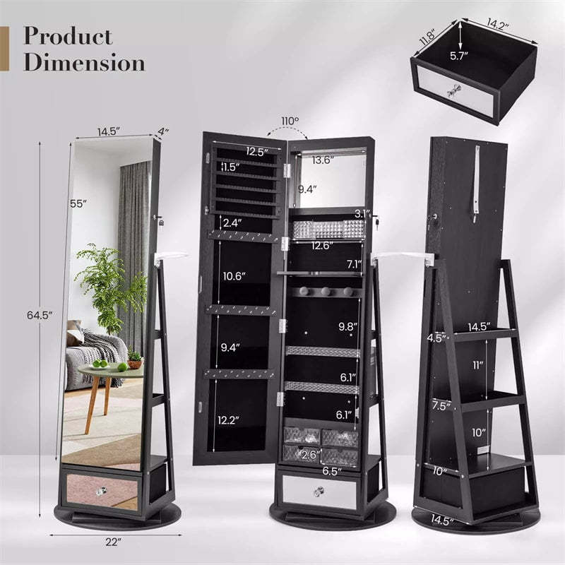 360° Swivel Jewelry Cabinet Armoire, Full-Length Mirror with LED Lockable Jewelry Organizer, Hairdryer Holder, Drawer, Rear Storage Shelves