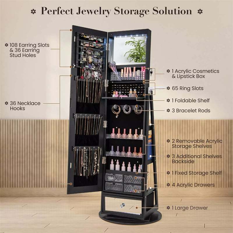 360° Swivel Jewelry Cabinet Armoire, Full-Length Mirror with LED Lockable Jewelry Organizer, Hairdryer Holder, Drawer, Rear Storage Shelves
