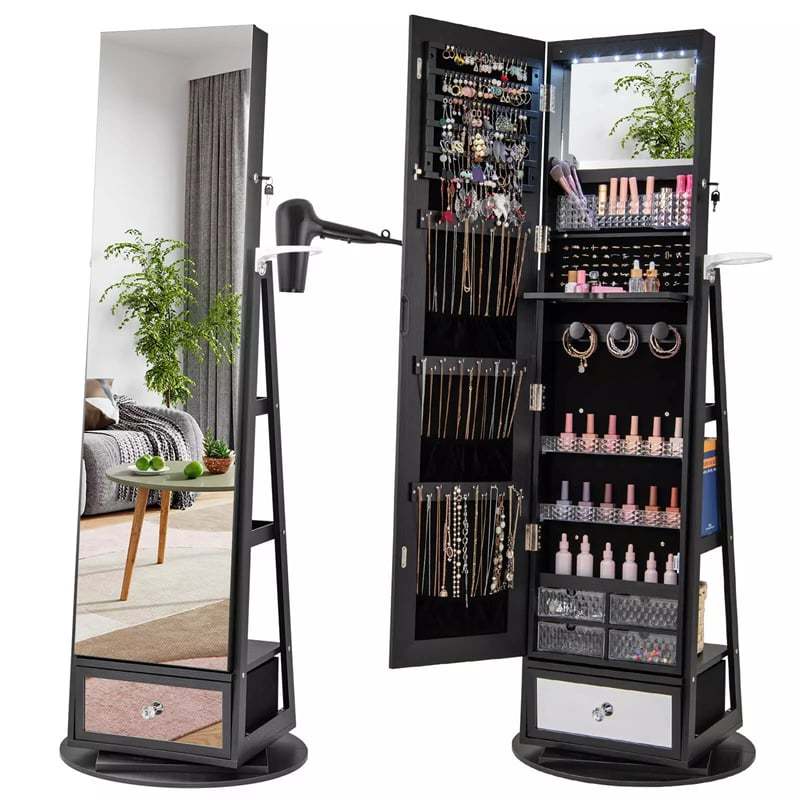 360° Swivel Jewelry Cabinet Armoire, Full-Length Mirror with LED Lockable Jewelry Organizer, Hairdryer Holder, Drawer, Rear Storage Shelves