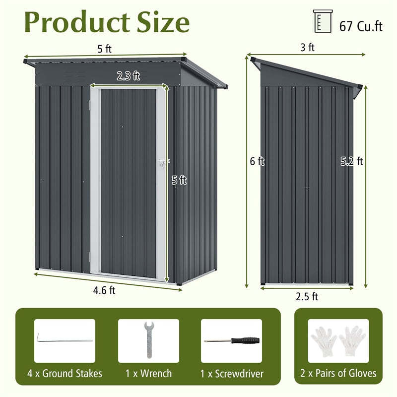 5x3FT Outdoor Storage Shed, Galvanized Steel Garden Tool House with Sloped Roof & Lockable Door, Weatherproof for Patio, Backyard, Trash Can Storage