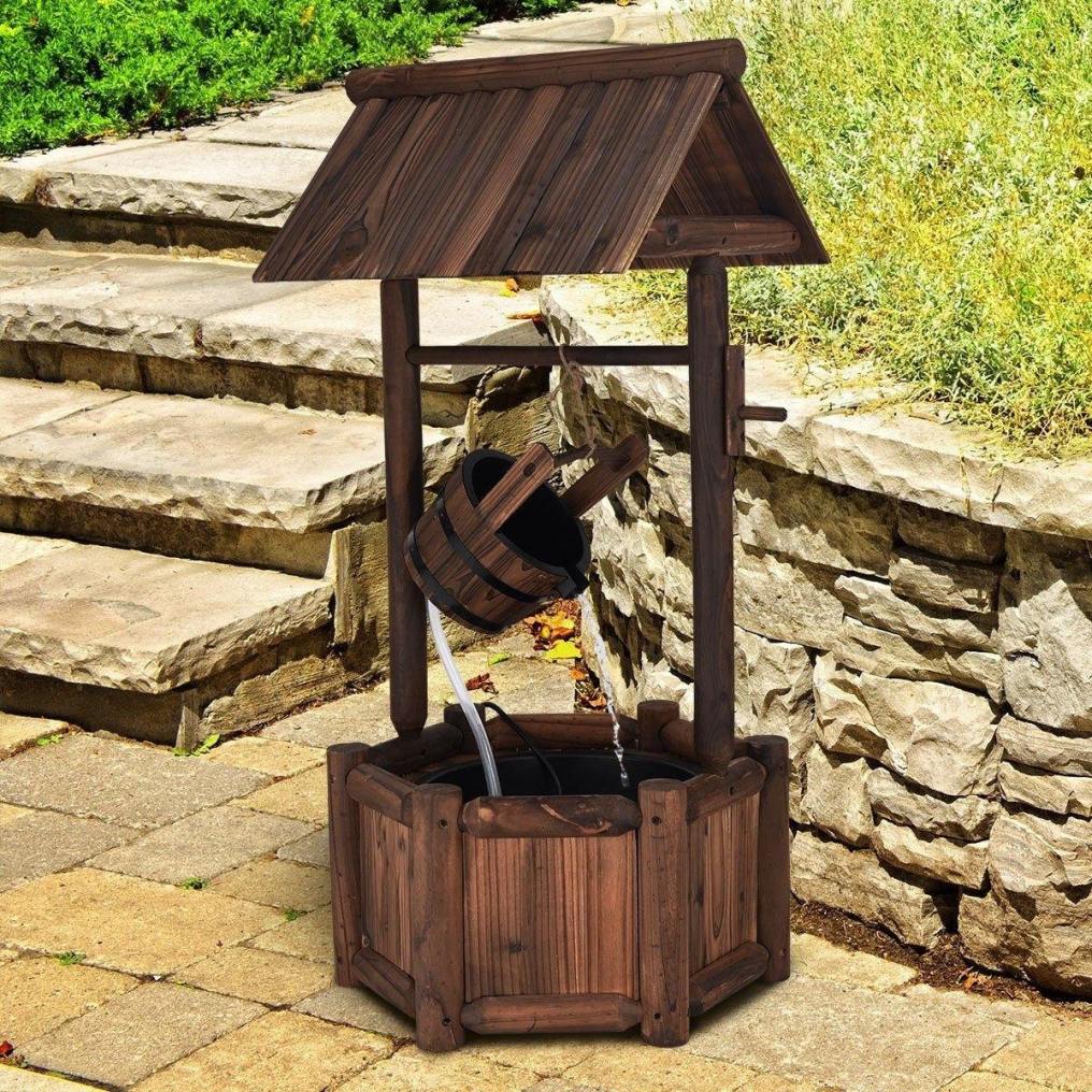 Rustic Wishing Well Water Fountain, Wooden Outdoor Waterfall Fountain, Electric Pump, Water Bucket, Freestanding Decorative Wishing Well Water Feature