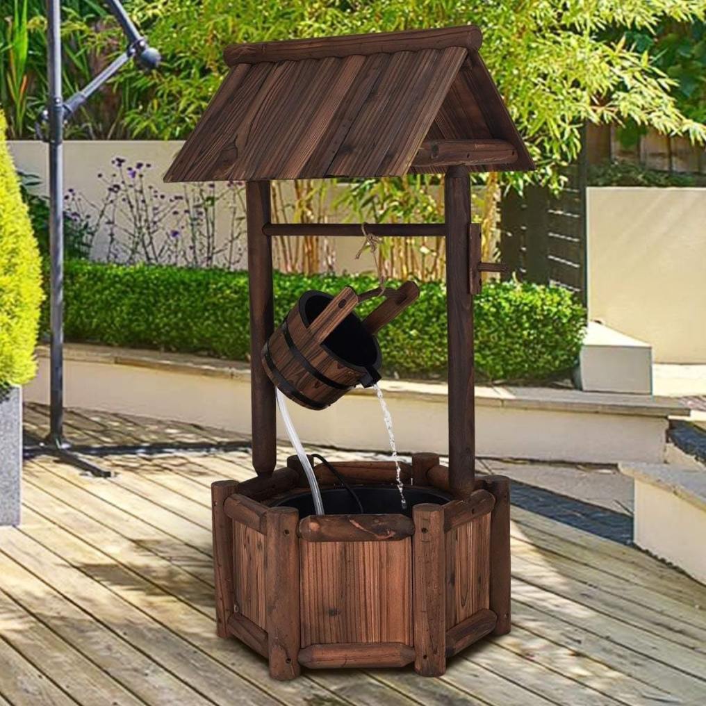 Rustic Wishing Well Water Fountain, Wooden Outdoor Waterfall Fountain, Electric Pump, Water Bucket, Freestanding Decorative Wishing Well Water Feature