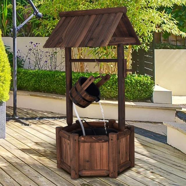 Rustic Wishing Well Water Fountain, Wooden Outdoor Waterfall Fountain, Electric Pump, Water Bucket, Freestanding Decorative Wishing Well Water Feature