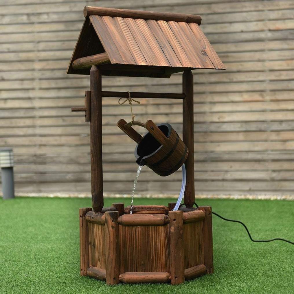 Rustic Wishing Well Water Fountain, Wooden Outdoor Waterfall Fountain, Electric Pump, Water Bucket, Freestanding Decorative Wishing Well Water Feature